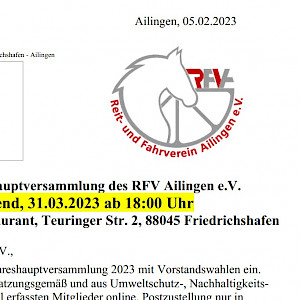 RFV Ailingen: Einladung zur JHV am 31.03.2023 ist raus & Menü-Vorauswahl treffen!
